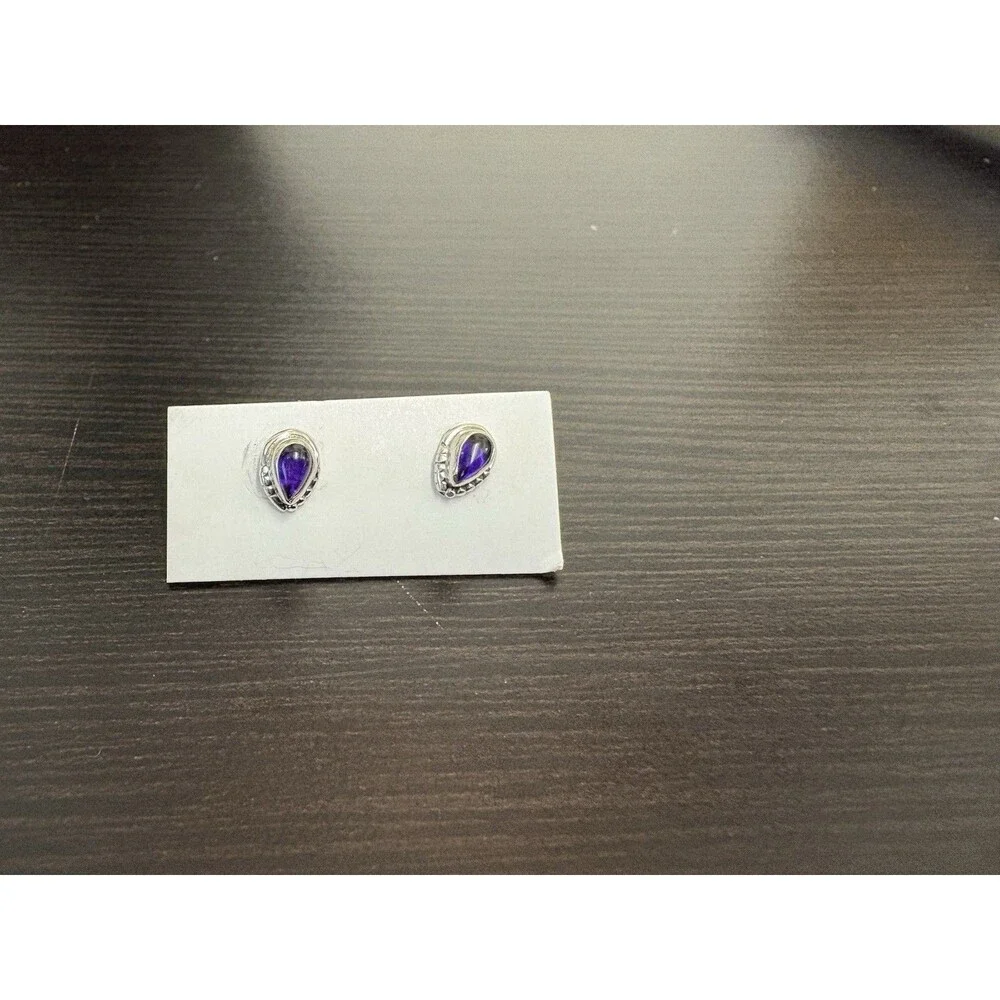 Petite 925 Solid Sterling Silver Genuine Amethyst Bezel Set Post Earrings - Picture 12 of 12